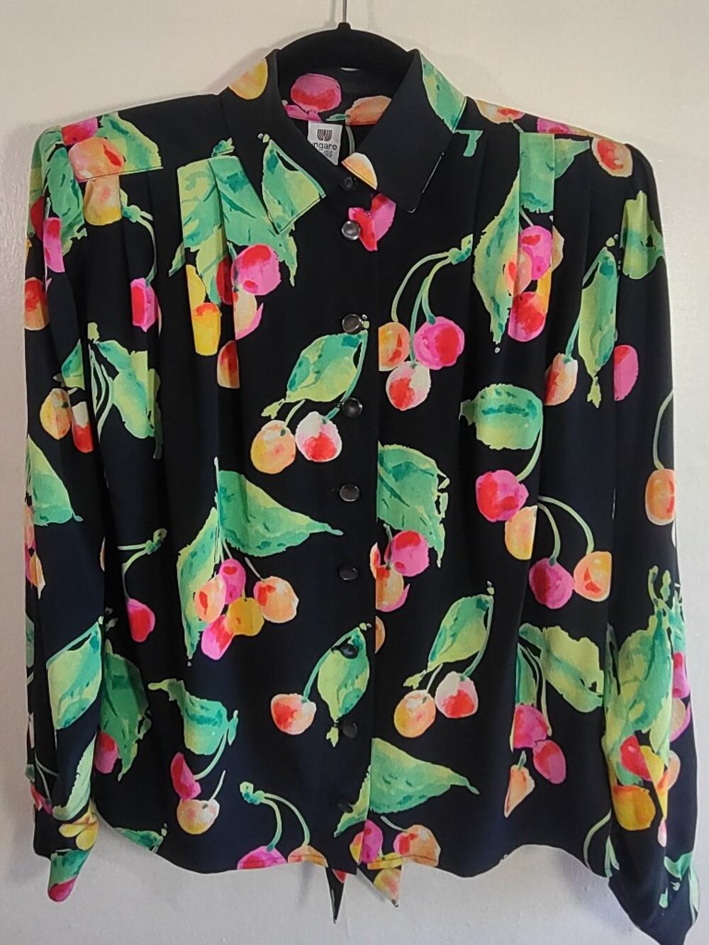 Vintage Ungaro Parallele Silk Blouse Italy Designer Sz Medium Vibrant Fruit Chic - Picture 2 of 10